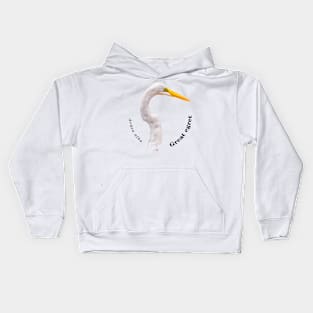 Great egret tropical bird pin black text Kids Hoodie